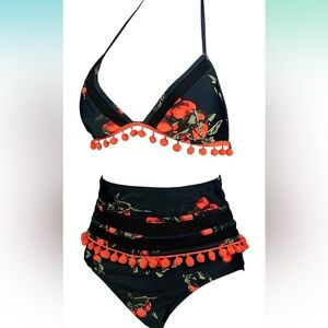 High waist tie top Pom Pom bikini